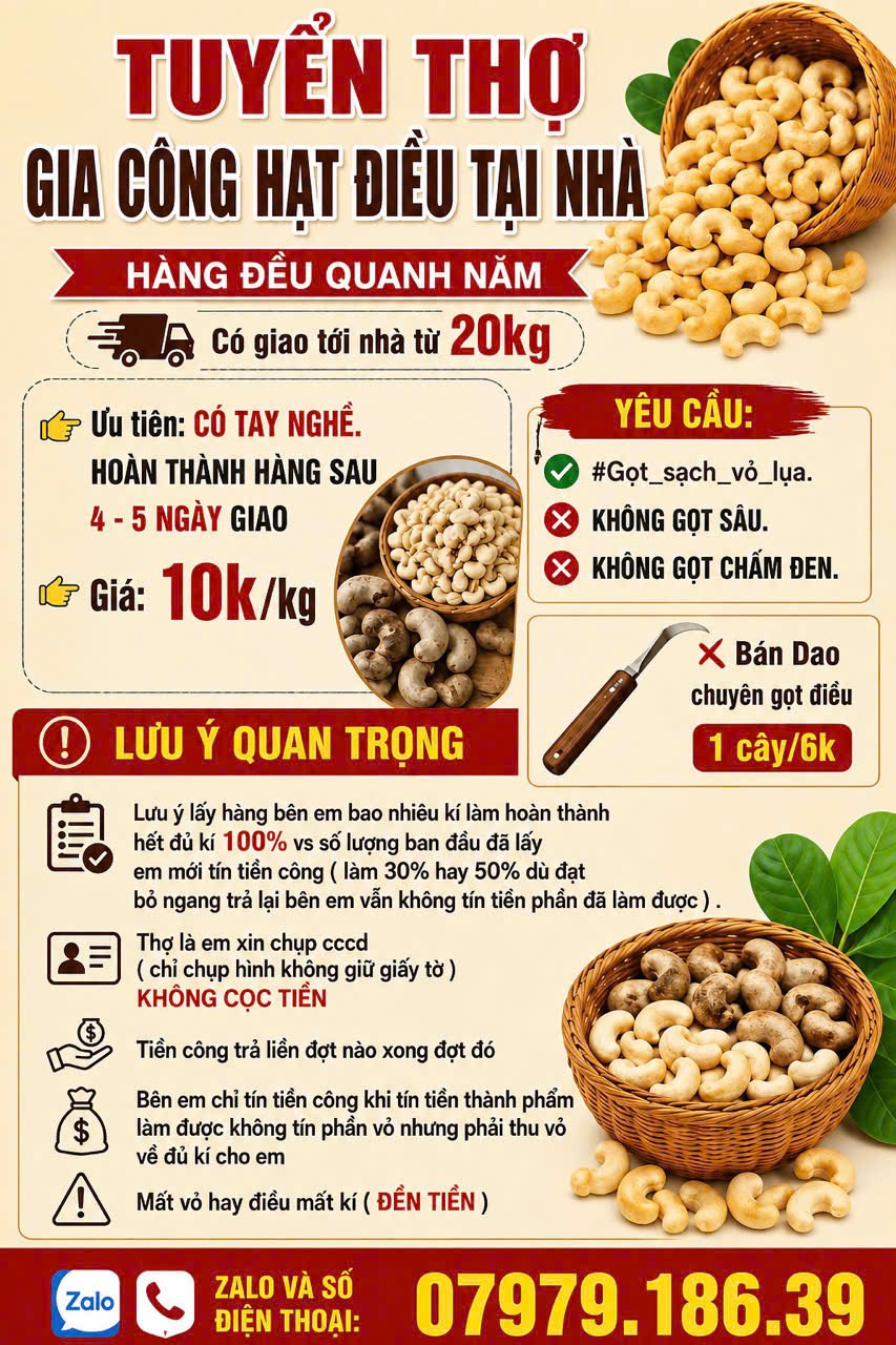 Tuyển thợ gia công hạt điều tại nhà